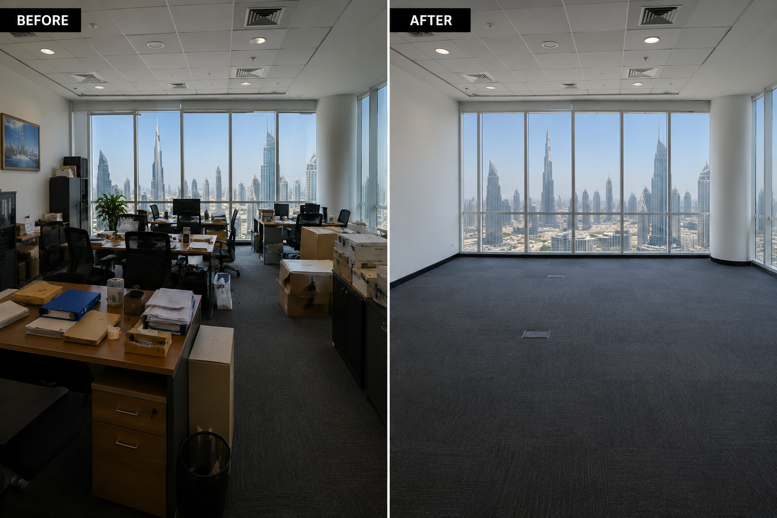 Before and after comparison of an office clearance job in Dubai