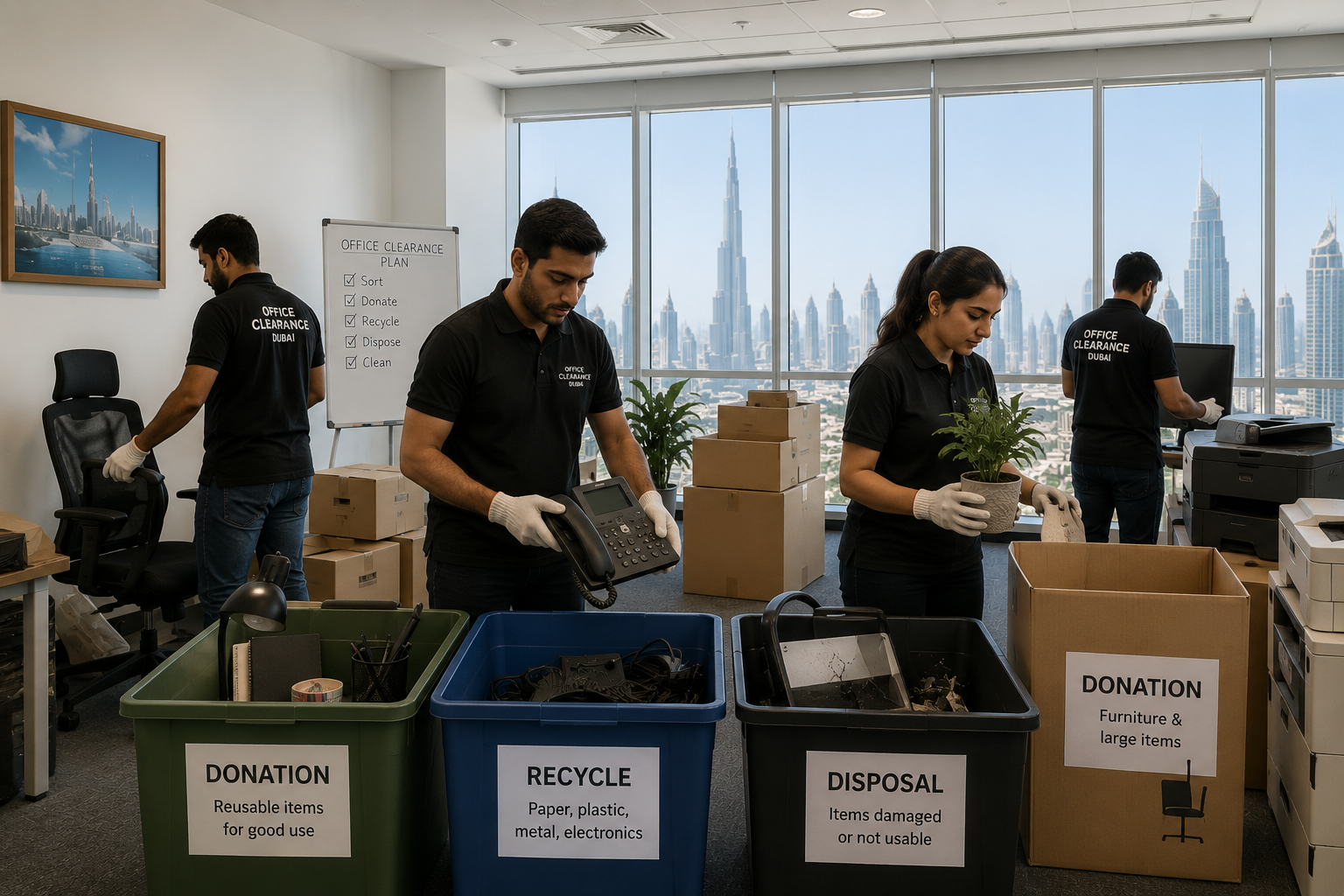 Junk removal team sorting office items for recycling and donation during Dubai office clearance