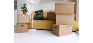 Moving boxes packed for relocation next to furniture set aside, showing the difference between moving and junk removal in Dubai