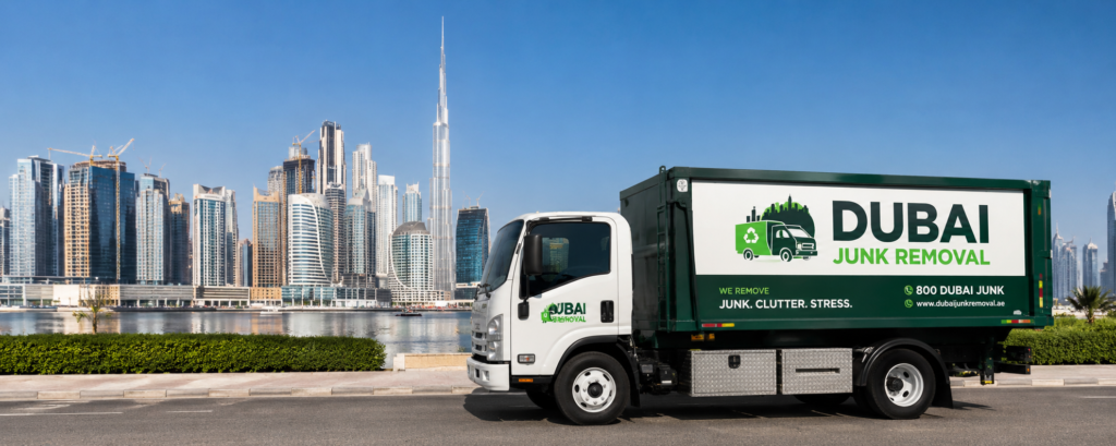 Affordable junk removal truck in Dubai with city skyline