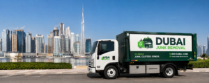 Affordable junk removal truck in Dubai with city skyline