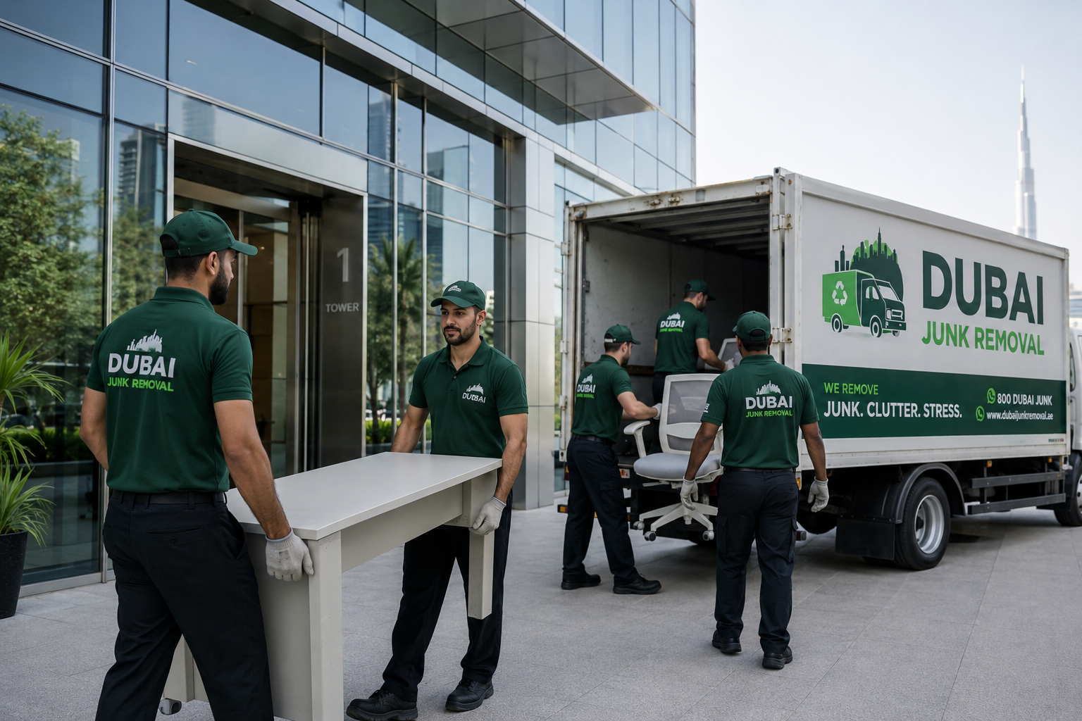 Office desks and chairs being removed by a clearance team in a Dubai commercial building
