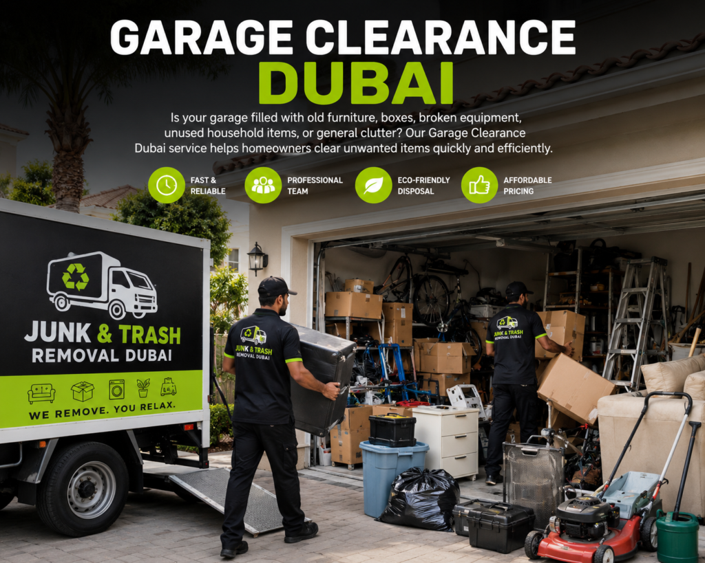 Junk removal crew loading old furniture and appliances into a truck outside a Dubai residential building