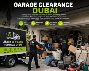 Junk removal crew loading old furniture and appliances into a truck outside a Dubai residential building