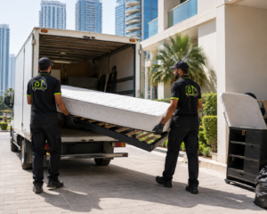 Two-man crew carrying an old sofa and mattress out of a Dubai apartment building for a junk pickup