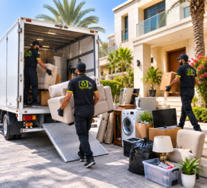 A collection crew carrying an old sofa and boxes out of a Dubai home to a waiting vehicle