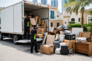 A collection crew loading bagged waste and flattened cardboard from a Dubai apartment bin store into a pickup vehicle.