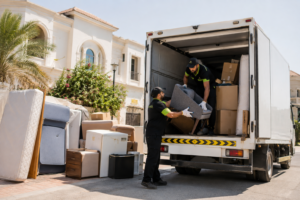 Junk collection team loading furniture onto a truck in Dubai