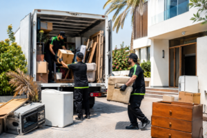 Junk removal team collecting furniture near a residential building in Dubai