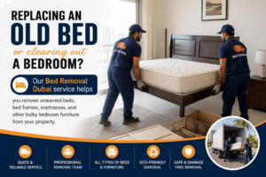 Crew carrying a wrapped mattress and dismantled bed frame to a service lift during a bed removal in Dubai