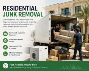 Household furniture and boxes grouped for residential junk removal in a Dubai home