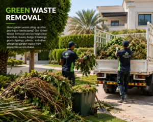 Pile of green waste including hedge trimmings, palm fronds and bagged grass clippings ready for collection at a Dubai villa